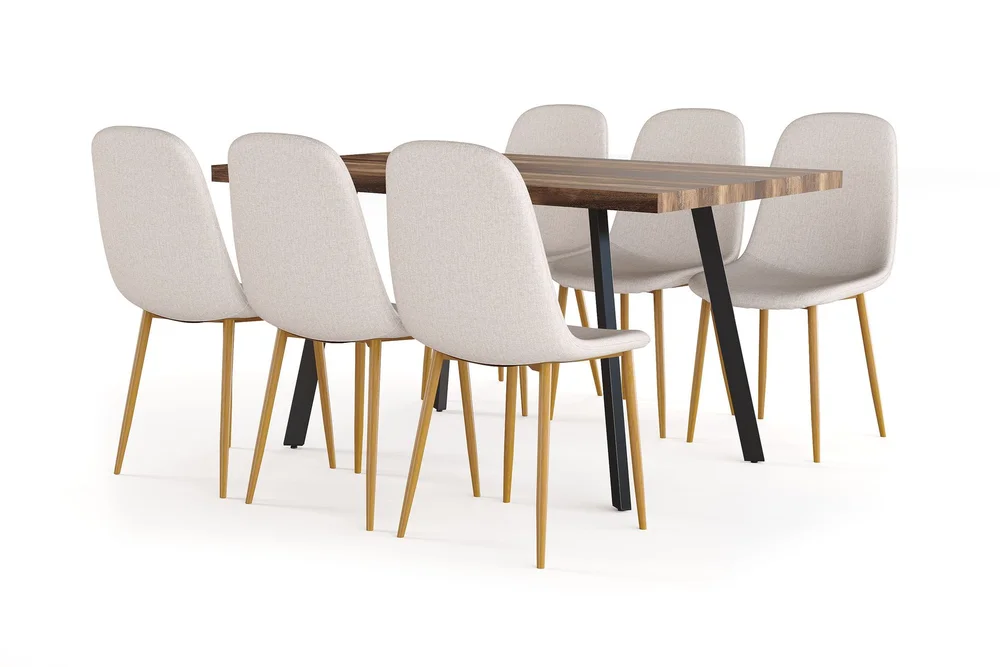 Marcelen Spisebord Uttrekkbart med ileggsplate + 6 stk Nibe stol beige med eikeben v:2347014