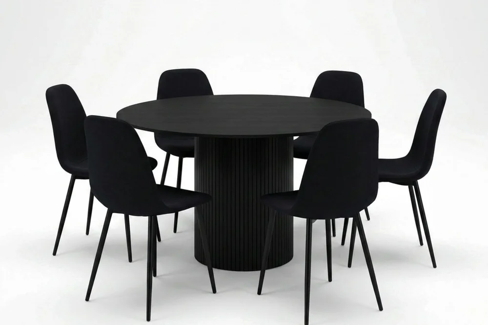 Kopparbo rund spisegruppe 130 cm svart med 6 Nibe-spisestoler v:6439732
