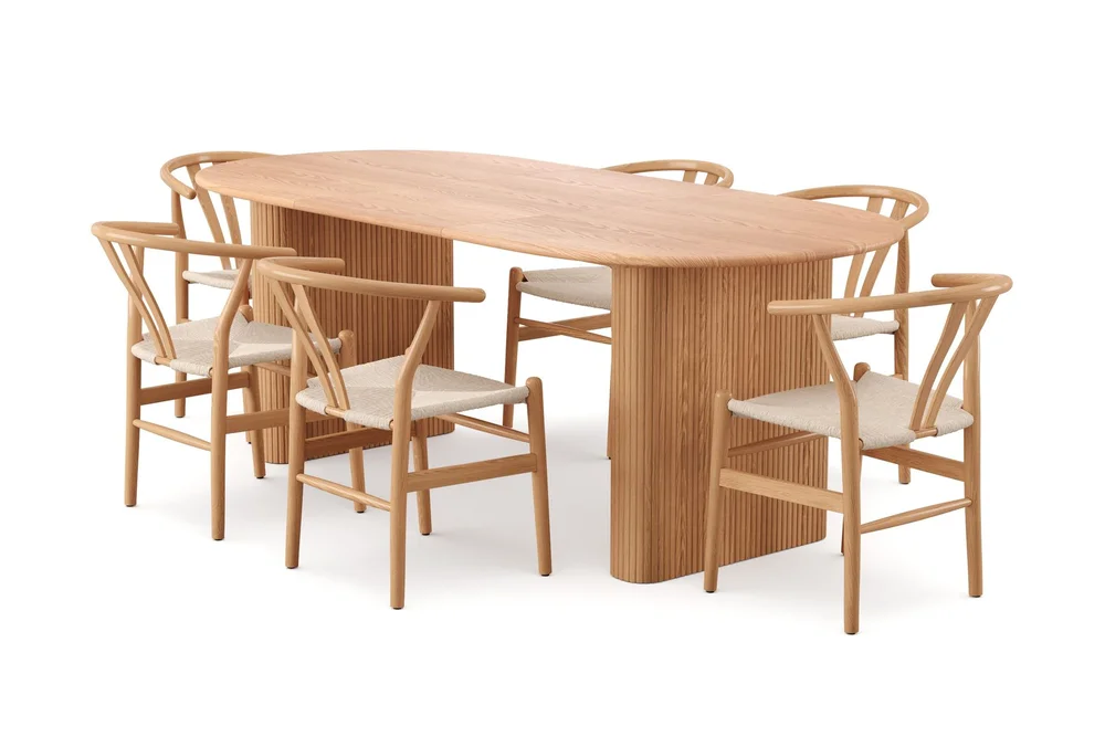 Noira spisegruppe, uttrekkbar 160–220 cm, eik med 6 Dastoori spisestoler v:6980977