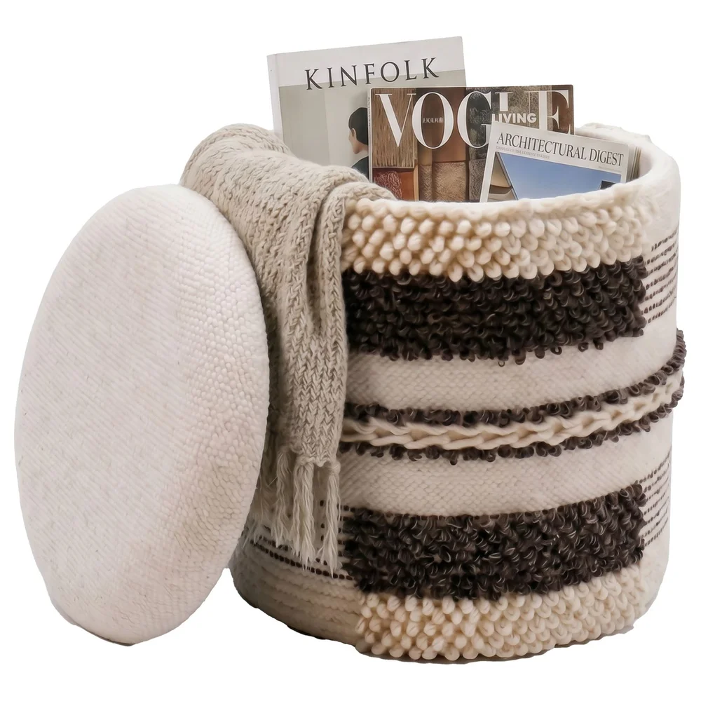 Virek rund sittepuff med oppbevaring i ullstoff v:7255497 Virek rund sittepuff med oppbevaring i ullstoff v:7255497
