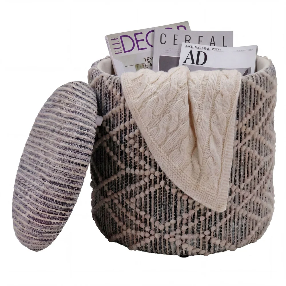 Veron rund sittepuff med oppbevaring i ullstoff v:8470775 Veron rund sittepuff med oppbevaring i ullstoff v:8470775
