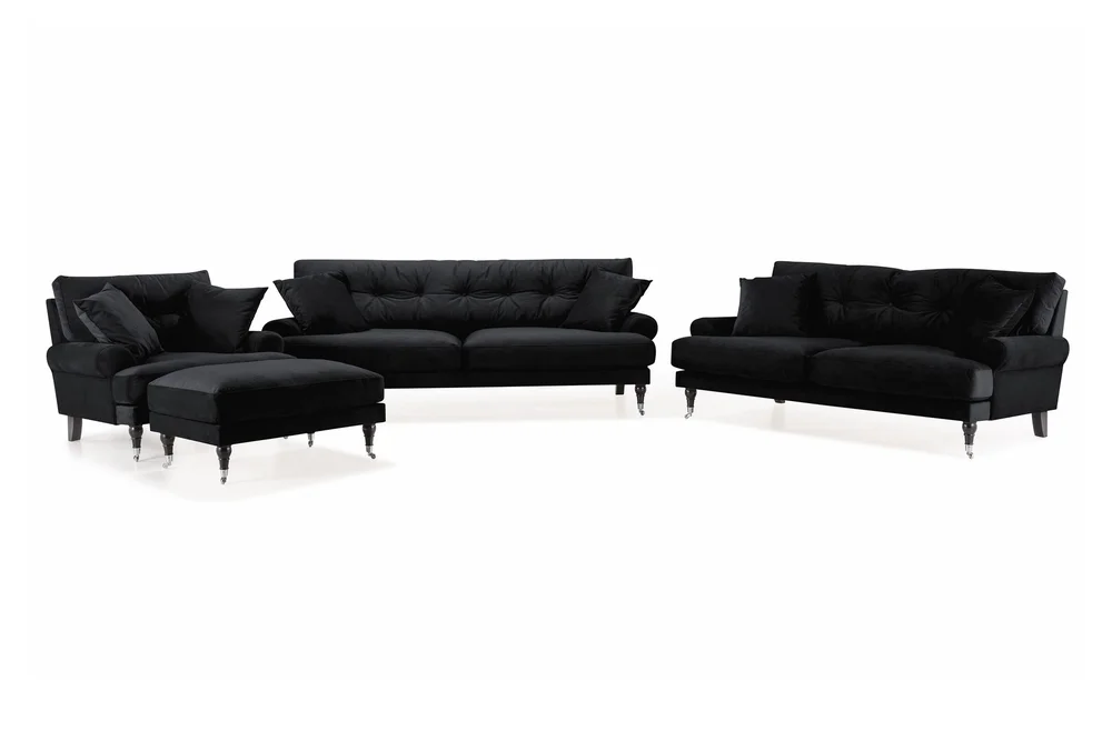 Andrew Sofagruppe 3-seter + 2-seter Sofa + Lenestol + Fotskammel i Fløyel v:2123576 Andrew Sofagruppe 3-seter + 2-seter Sofa + Lenestol + Fotskammel i Fløyel v:2123576