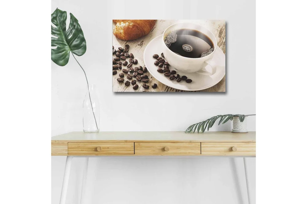 Lerretsbilde med LED-belysning - Kopp svart kaffe og kaffebønner på et bord v:6290805