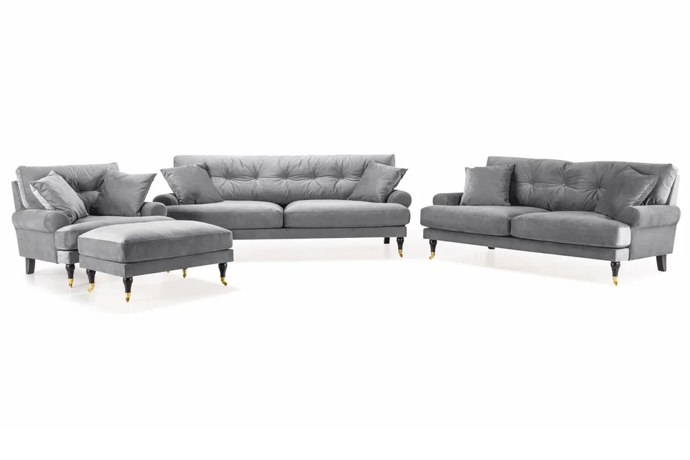 Andrew Sofagruppe 3-seter + 2-seter Sofa + Lenestol + Fotskammel i Fløyel v:1296844 Andrew Sofagruppe 3-seter + 2-seter Sofa + Lenestol + Fotskammel i Fløyel v:1296844