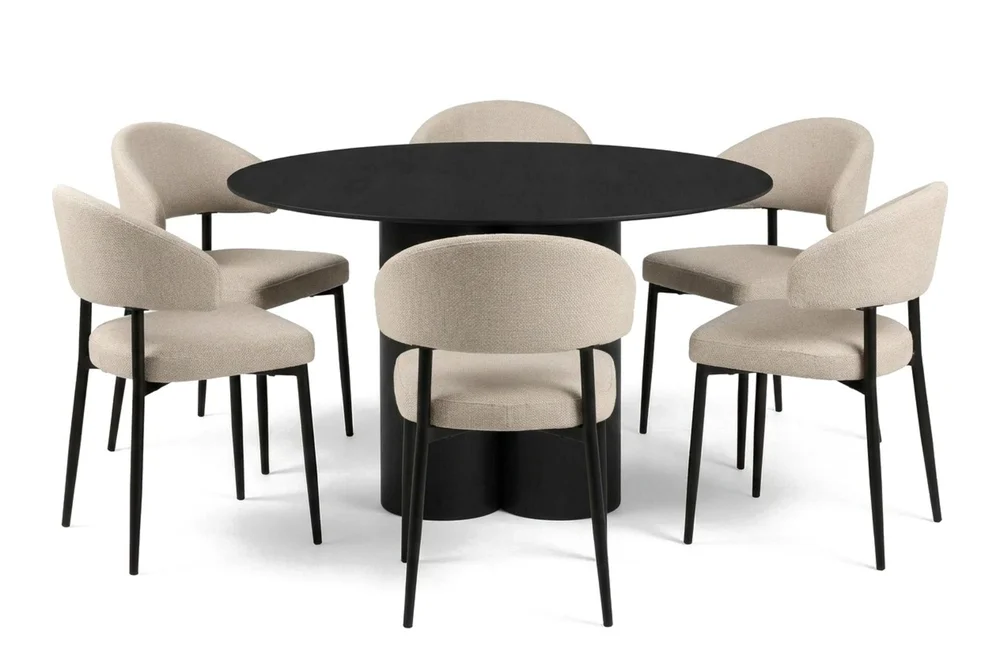 Juno spisegruppe rund 130 cm svart med 6 Sawako spisestoler v:8947835