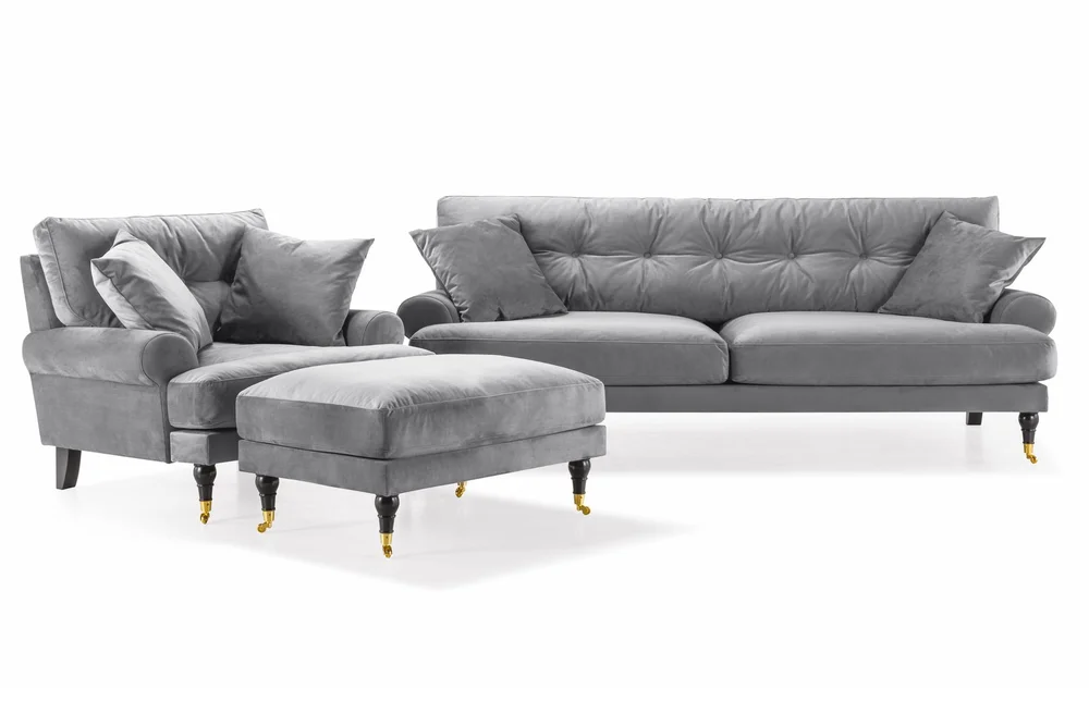 Andrew Sofagruppe 3-seter Sofa + Lenestol + Fotskammel i Fløyel v:7868564 Andrew Sofagruppe 3-seter Sofa + Lenestol + Fotskammel i Fløyel v:7868564