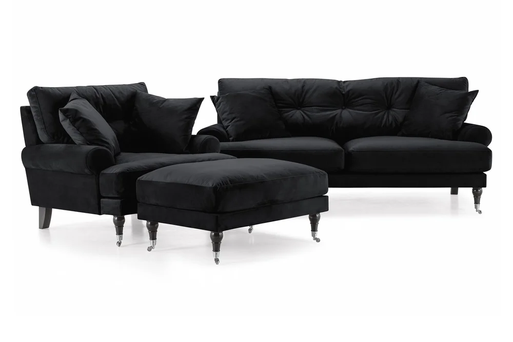 Andrew Sofagruppe 2-seter Sofa + Lenestol + Fotskammel i Fløyel v:3535815 Andrew Sofagruppe 2-seter Sofa + Lenestol + Fotskammel i Fløyel v:3535815