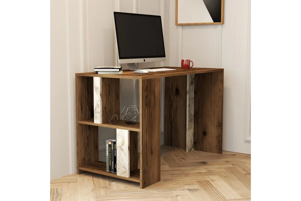 Timiza Skrivebord 120 cm med Oppbevaring Hylle Marmormønster v:8742831