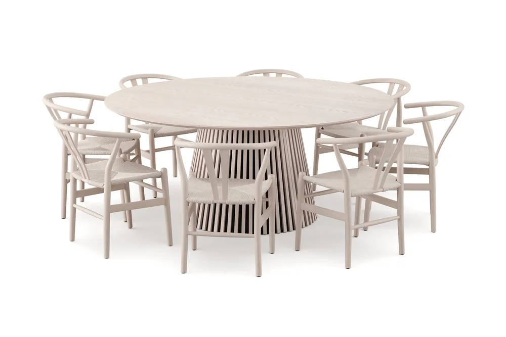 Peyra Spisegruppe rund 180 cm Hvitlasert med 8 Dastoori Spisestoler v:5504384