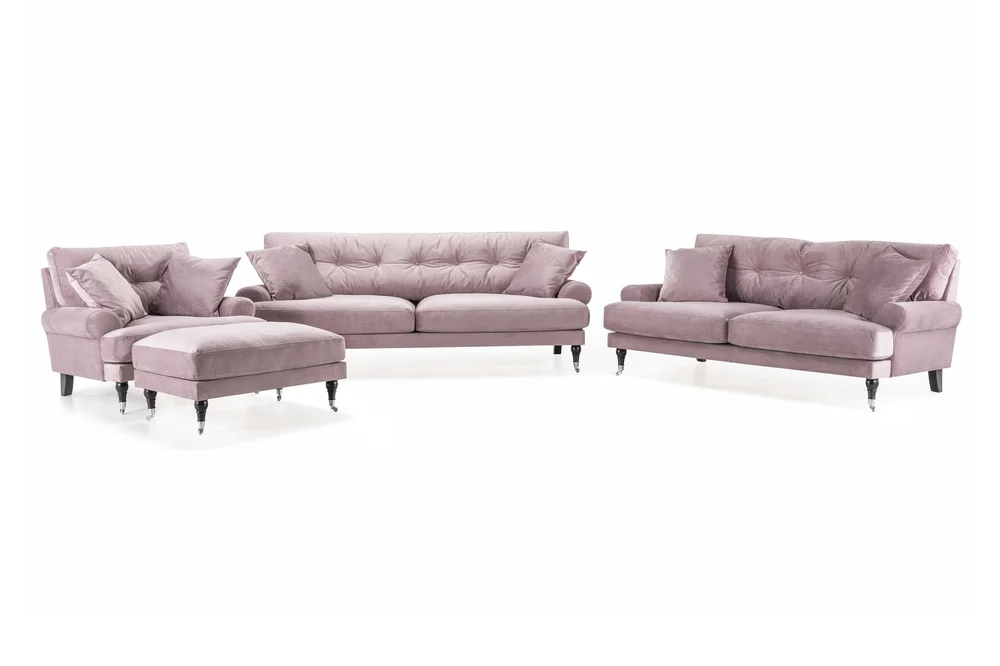 Andrew Sofagruppe 3-seter + 2-seter Sofa + Lenestol + Fotskammel i Fløyel v:3127418 Andrew Sofagruppe 3-seter + 2-seter Sofa + Lenestol + Fotskammel i Fløyel v:3127418