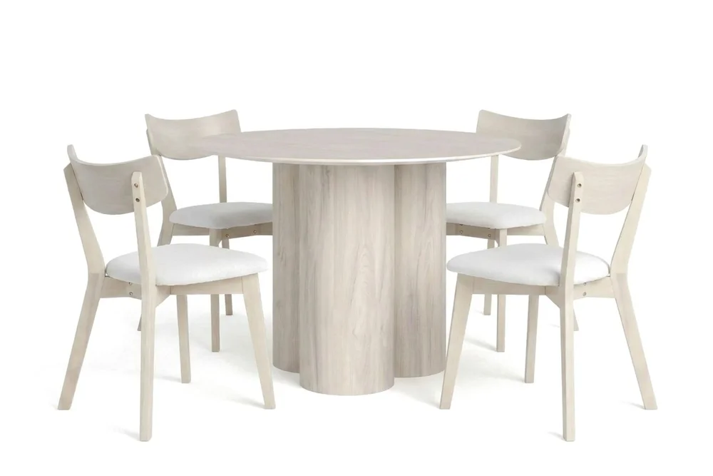 Juno spisegruppe 110 cm rund hvitlasert med 4 Amelia spisestoler med pute v:7814747